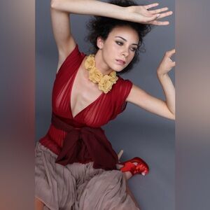 Silk Pleated designer Red blouse Drop shoulder Sash on waist Satin with Chiffon